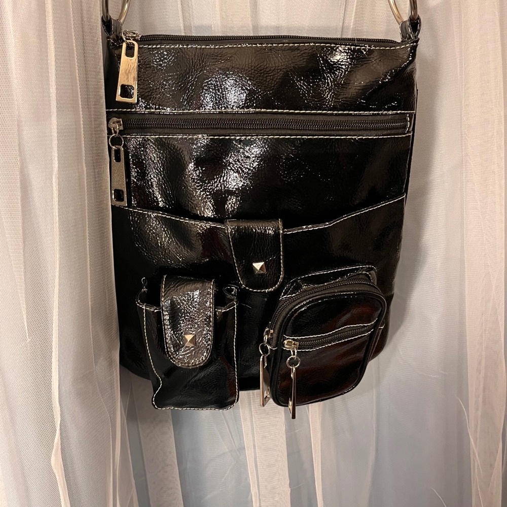 Shiny‎ Black Faux Patent Leather Crossbody Bag Multiple Pockets Studded Accents